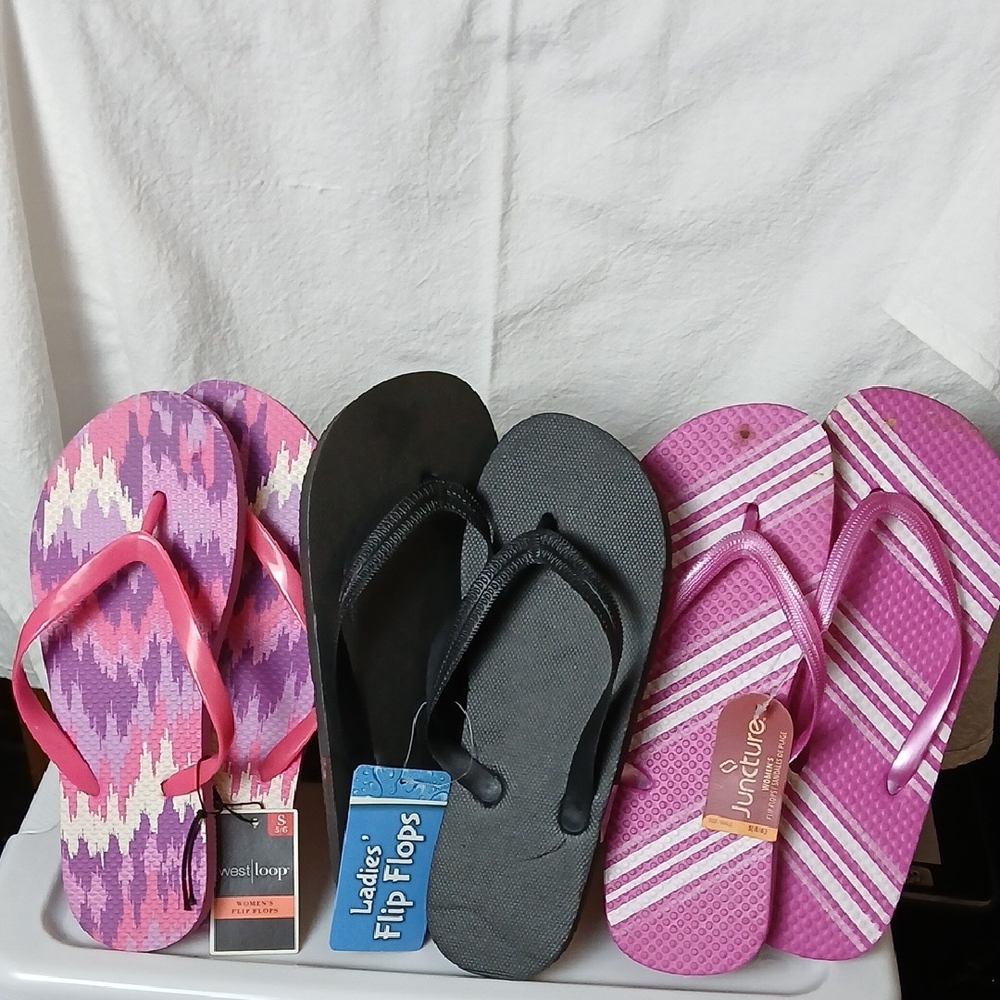 Set of Three Flip Flops - Pink & Purple, Black, and Pink & White